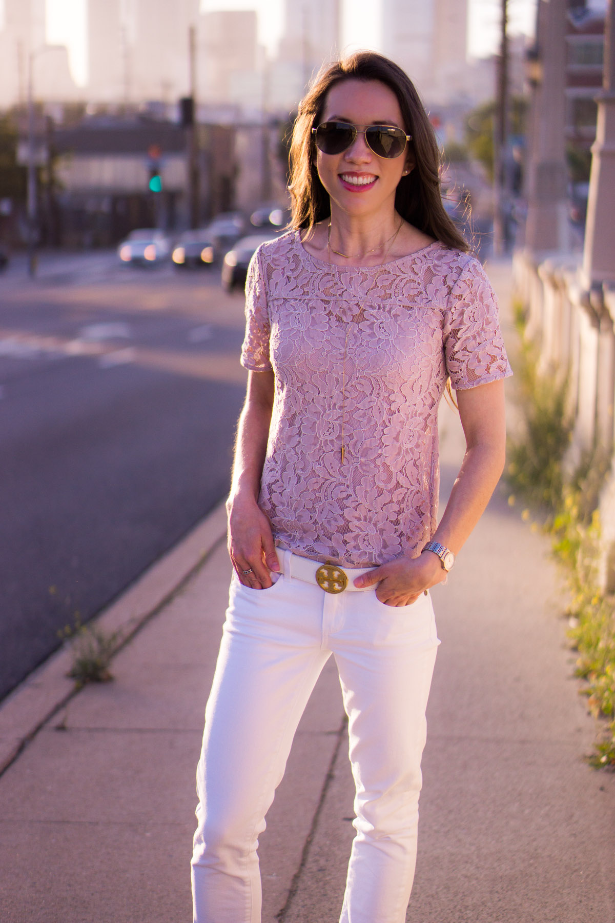 Lace tops are wardrobe essentials | Best Lace Tops | 5 Reasons to Wear Lace Tops | Petite Fashion & style | Why I love lace | Ann Taylor lace tee top | LOFT lace | Loft camisole | clean cami | Tory Burch logo belt | Paige white denim