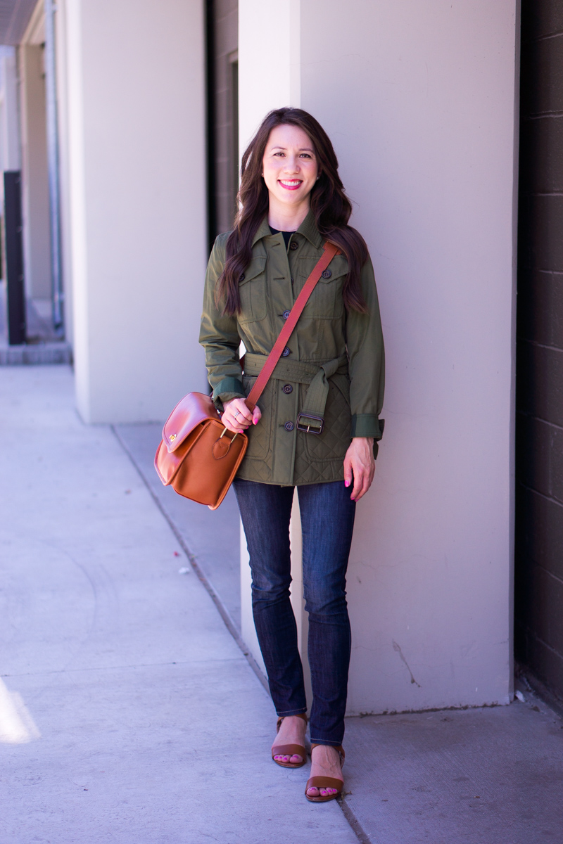 Burberry Whitworth Jacket Review | Bloomingdale's sale petite fashion and style blog | Army green jacket | Military style jacket | ONA palma camera bag | M. Gemi Attorno sandals | Tory Burch reversible belt
