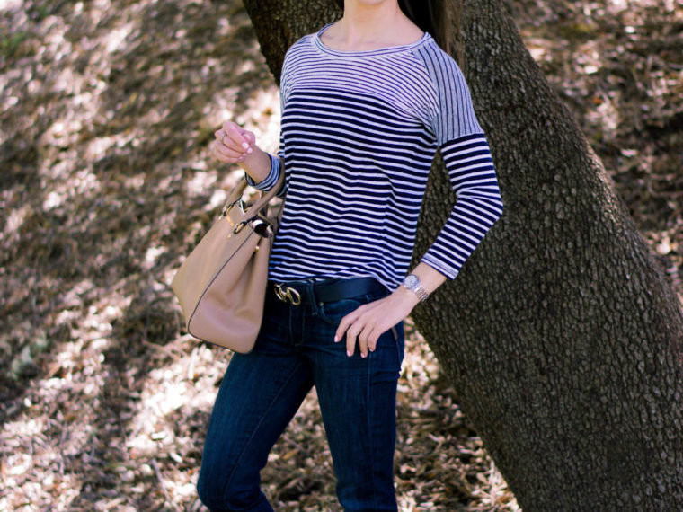 Petite fashion | Petite Style | Easy casual outfit inspiration | Tieks coral patent ballet flats. J. Crew striped tee. Paige denim. Michael Kors Sutton handbag