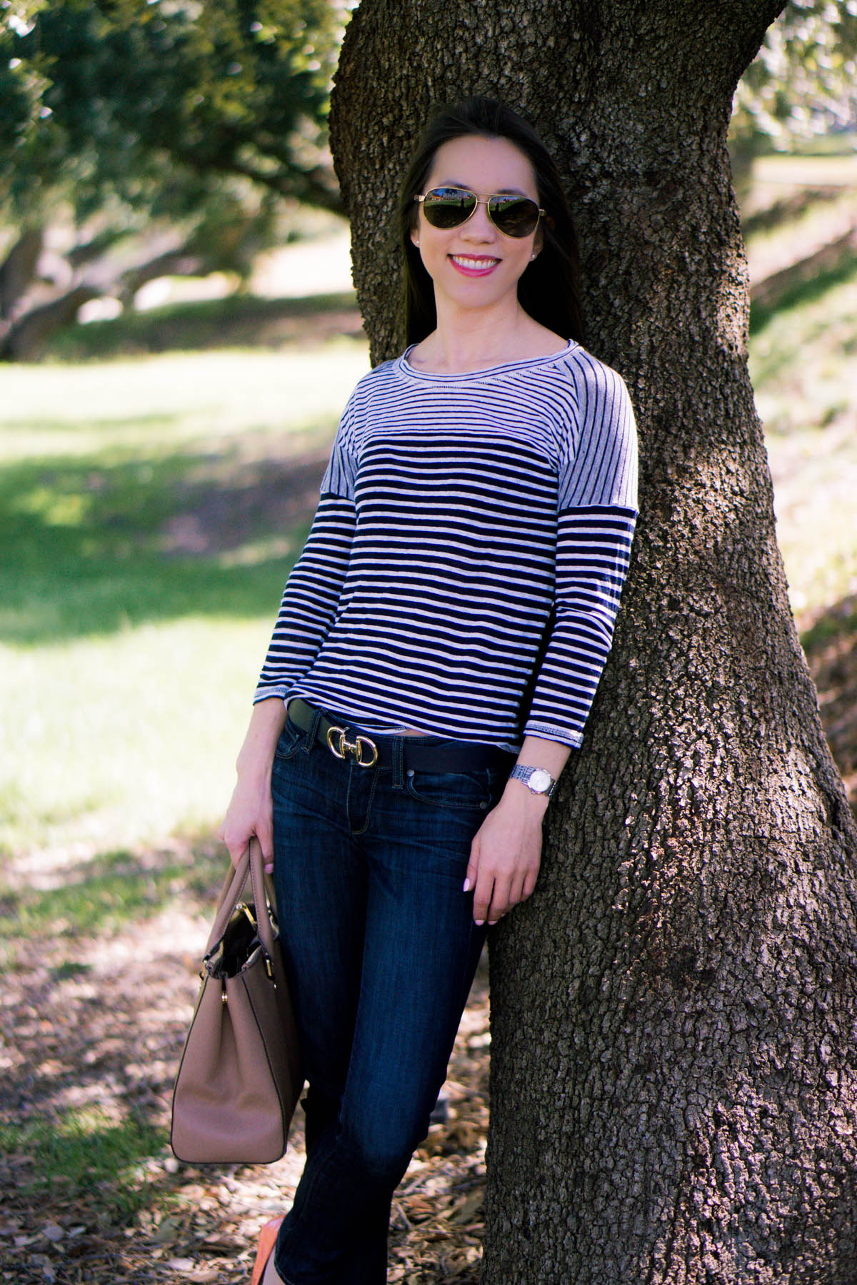 Petite fashion | Petite Style | Easy casual outfit inspiration | Tieks coral patent ballet flats. J. Crew striped tee. Paige denim. Michael Kors Sutton handbag