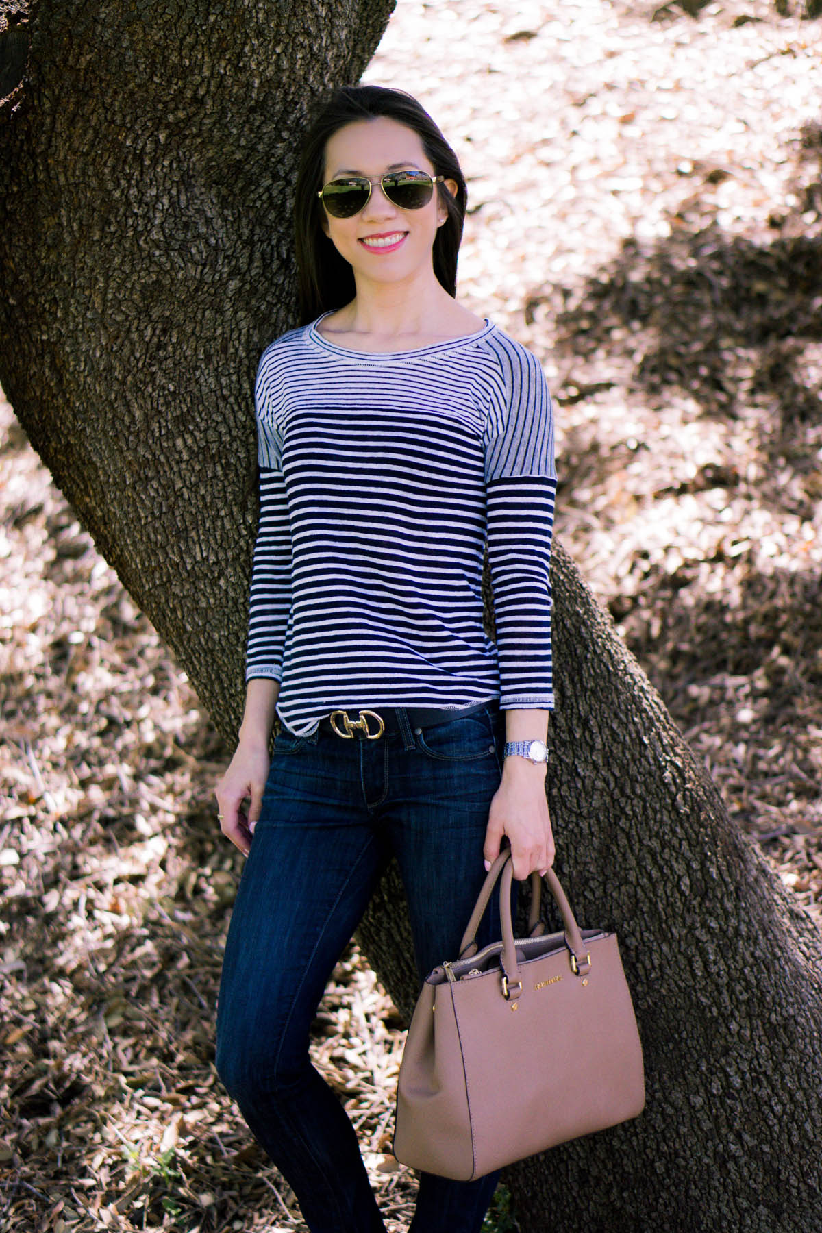 Petite fashion | Petite Style | Easy casual outfit inspiration | Tieks coral patent ballet flats. J. Crew striped tee. Paige denim. Michael Kors Sutton handbag