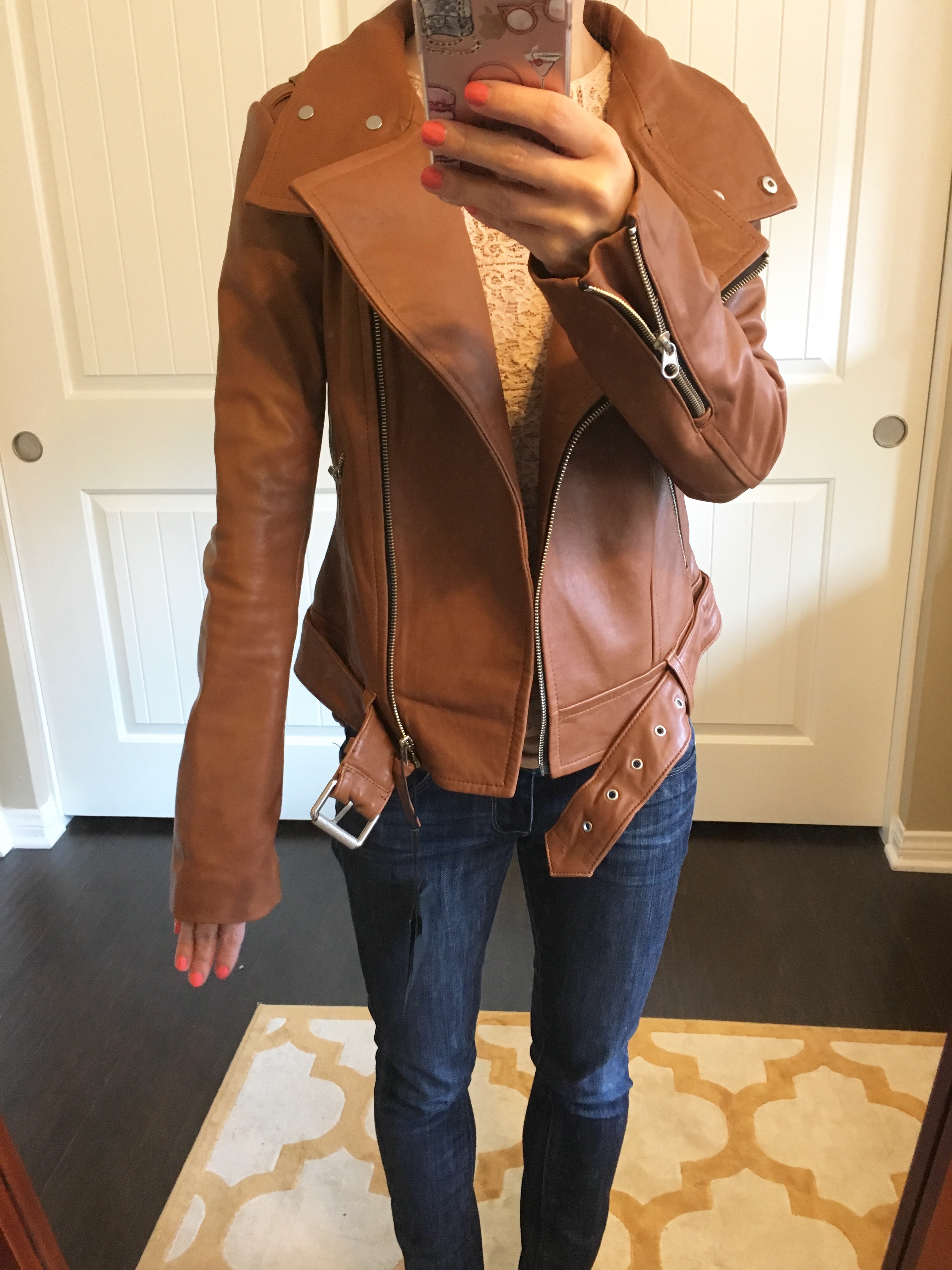 J. Crew Denim Jacket Review | Mackage Hania Moto Leather Jacket cognac and pink | Theory Gida Mini Skirt | Nordstrom Trouve Pleated Blazer | Banana Republic Scallop Blazer | Gibson Twist Front Cozy Fleece Pullover | Caslon Fringed Tee | Petite fashion and style