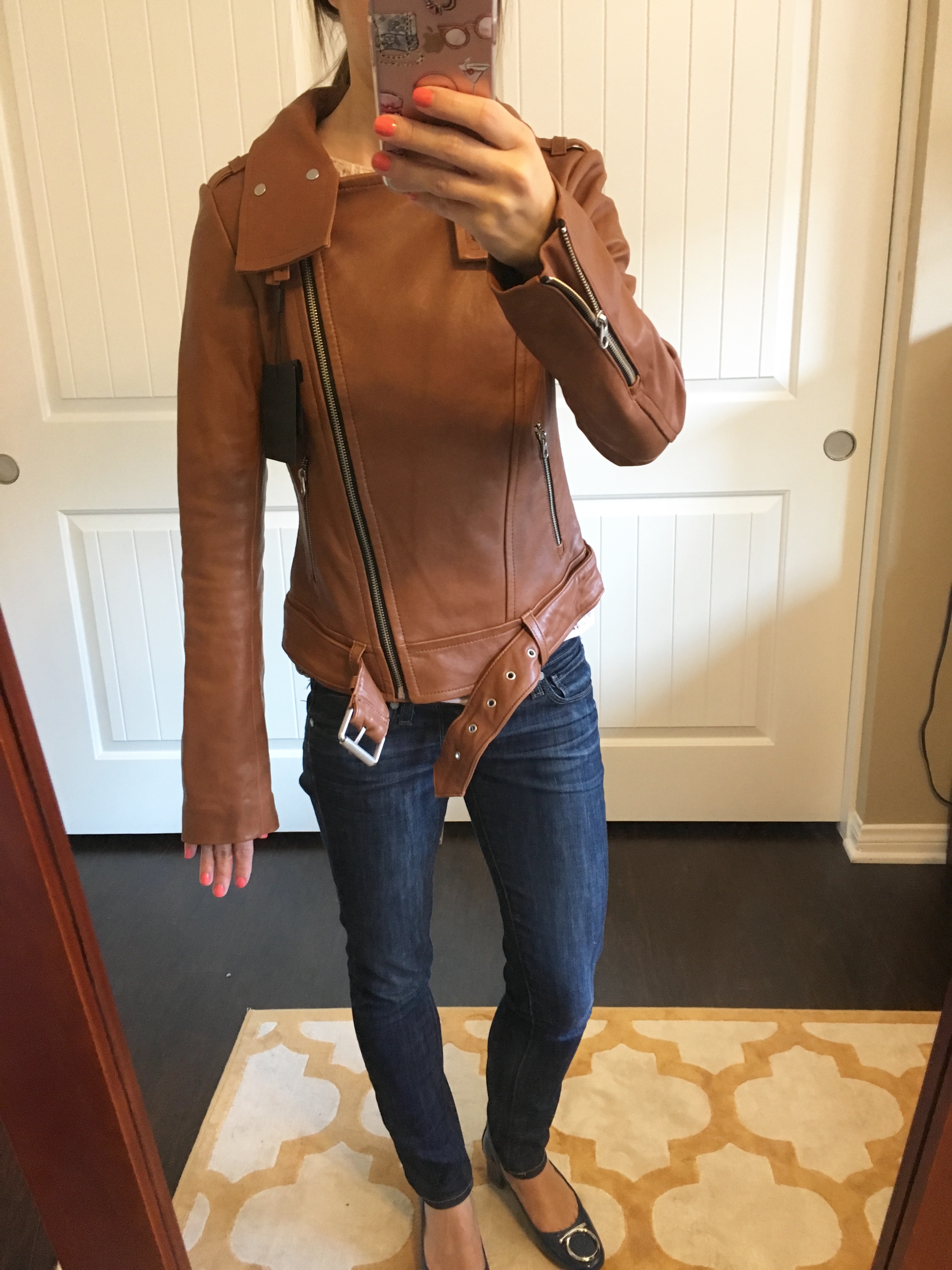 J. Crew Denim Jacket Review | Mackage Hania Moto Leather Jacket cognac and pink | Theory Gida Mini Skirt | Nordstrom Trouve Pleated Blazer | Banana Republic Scallop Blazer | Gibson Twist Front Cozy Fleece Pullover | Caslon Fringed Tee | Petite fashion and style