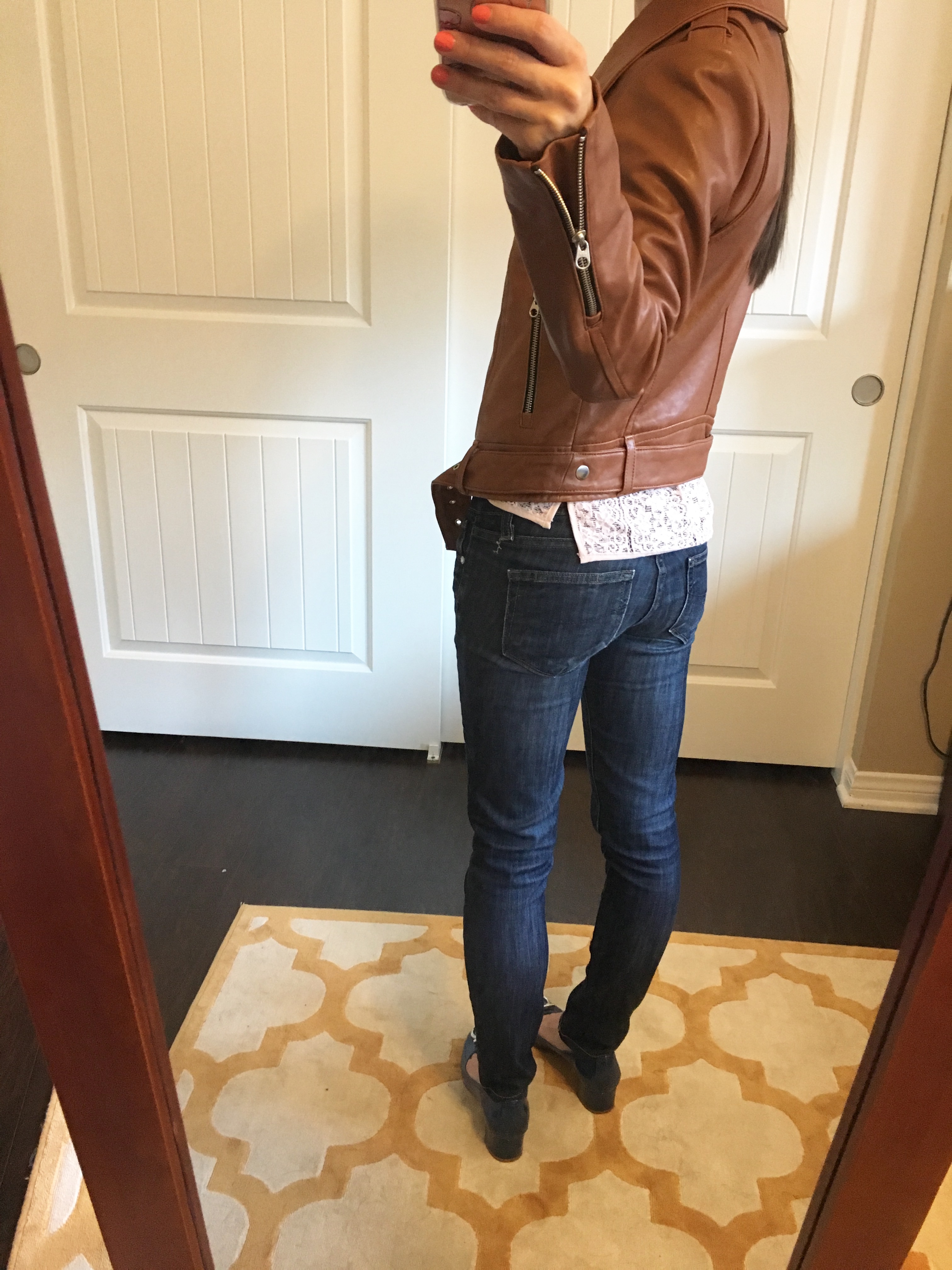 J. Crew Denim Jacket Review | Mackage Hania Moto Leather Jacket cognac and pink | Theory Gida Mini Skirt | Nordstrom Trouve Pleated Blazer | Banana Republic Scallop Blazer | Gibson Twist Front Cozy Fleece Pullover | Caslon Fringed Tee | Petite fashion and style