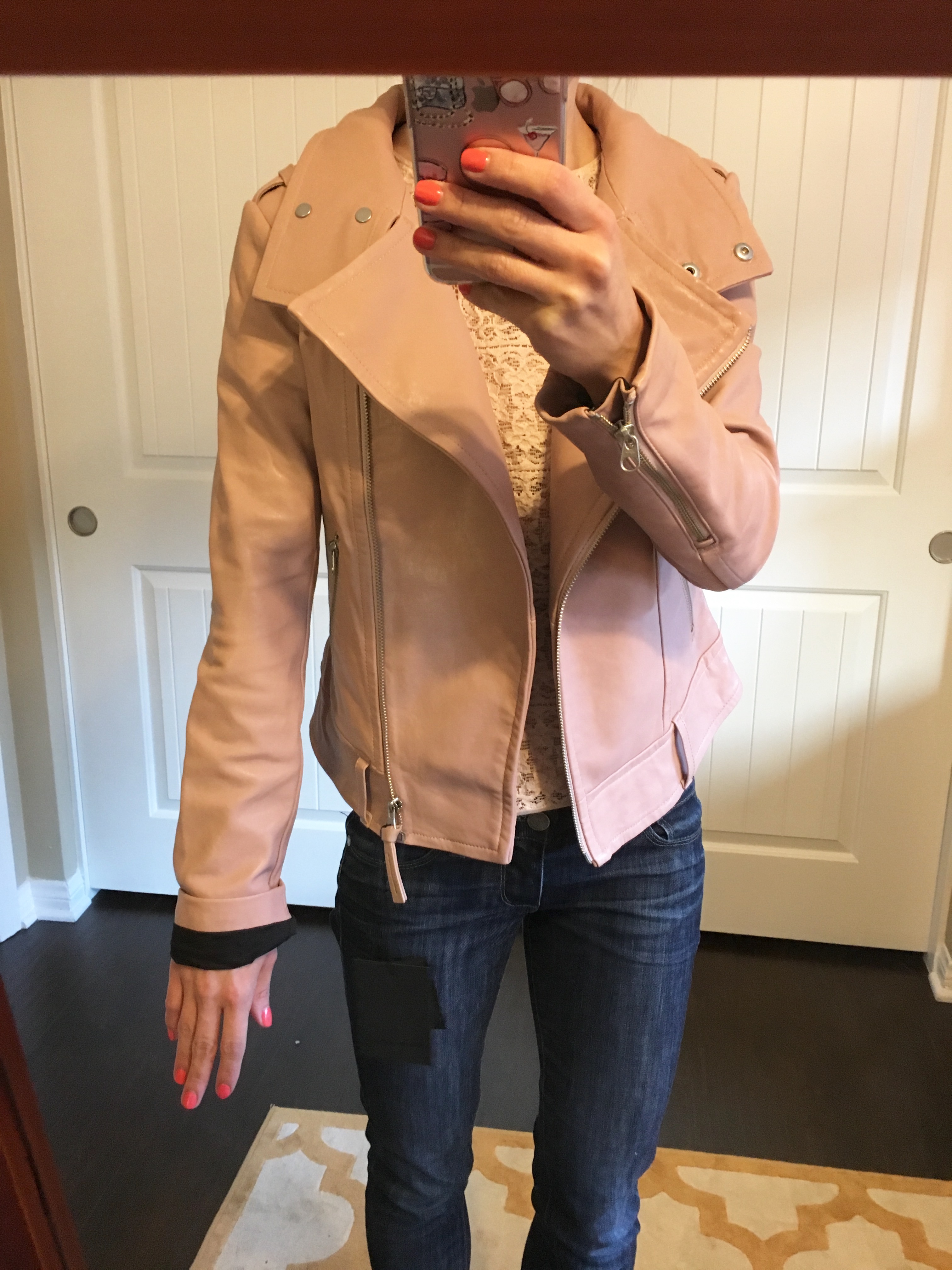 J. Crew Denim Jacket Review | Mackage Hania Moto Leather Jacket cognac and pink | Theory Gida Mini Skirt | Nordstrom Trouve Pleated Blazer | Banana Republic Scallop Blazer | Gibson Twist Front Cozy Fleece Pullover | Caslon Fringed Tee | Petite fashion and style