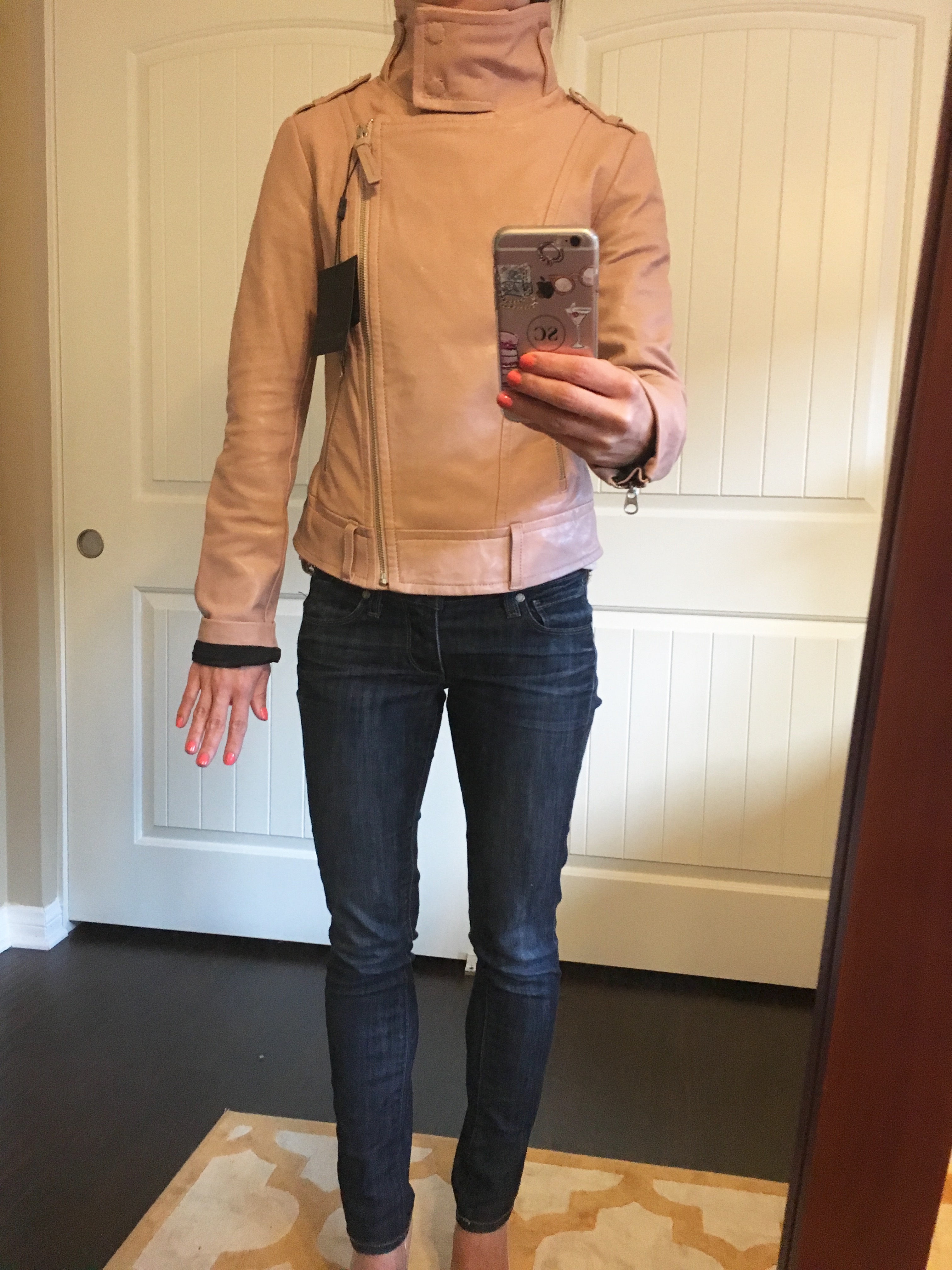 J. Crew Denim Jacket Review | Mackage Hania Moto Leather Jacket cognac and pink | Theory Gida Mini Skirt | Nordstrom Trouve Pleated Blazer | Banana Republic Scallop Blazer | Gibson Twist Front Cozy Fleece Pullover | Caslon Fringed Tee | Petite fashion and style