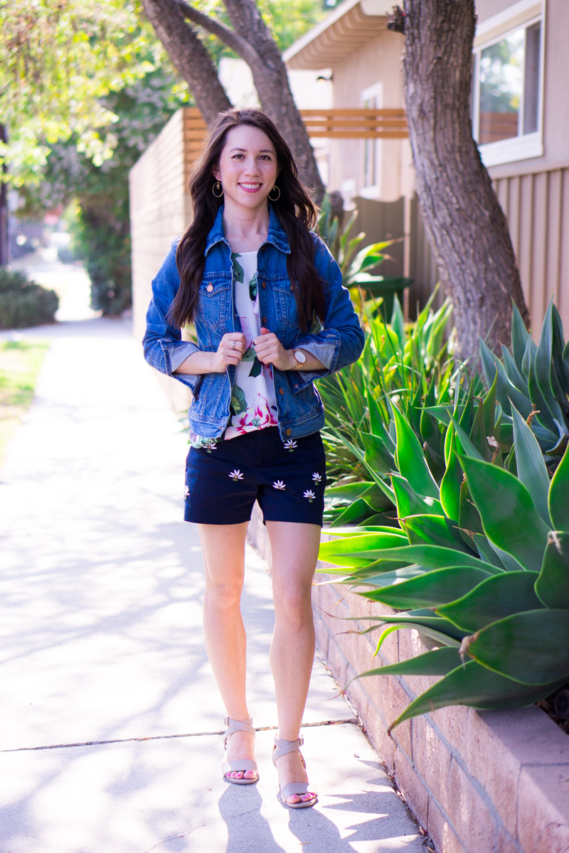 J. Crew Denim Jacket Review | Mackage Hania Moto Leather Jacket cognac and pink | Theory Gida Mini Skirt | Nordstrom Trouve Pleated Blazer | Banana Republic Scallop Blazer | Gibson Twist Front Cozy Fleece Pullover | Caslon Fringed Tee | Petite fashion and style