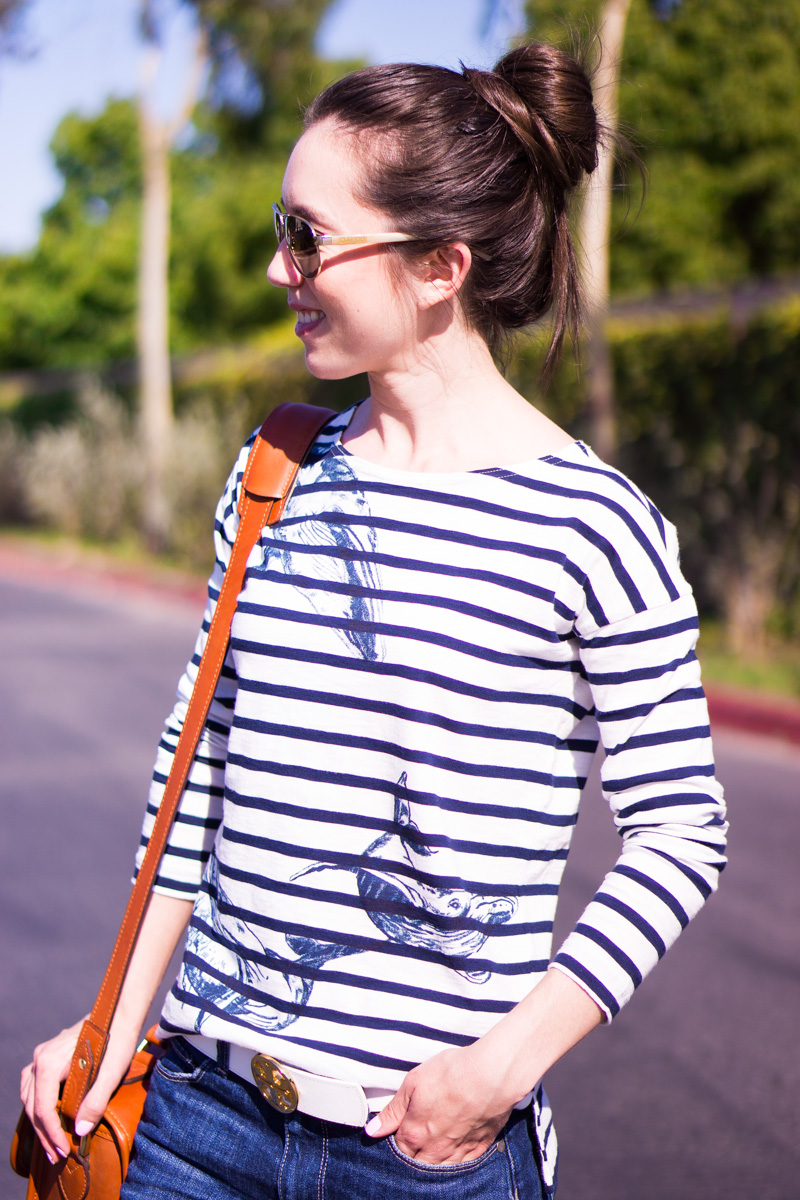 J. Crew Whale Shirt | Wildlife Conservation Society | Striped Shirt | Striped whale tee | Giving Back Series and review | ONA camera bag | Tory Burch reversible belt | petite fashion and style