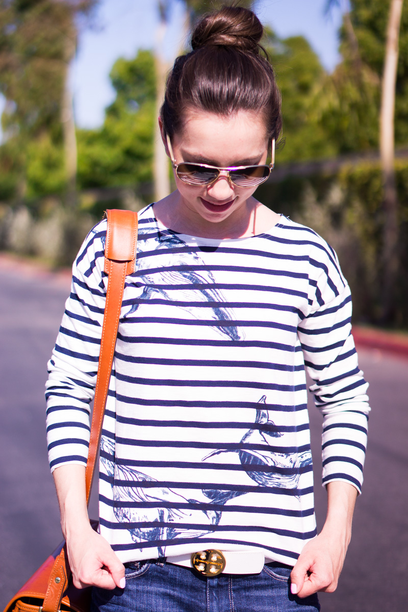 J. Crew Whale Shirt | Wildlife Conservation Society | Striped Shirt | Striped whale tee | Giving Back Series and review | ONA camera bag | Tory Burch reversible belt | petite fashion and style