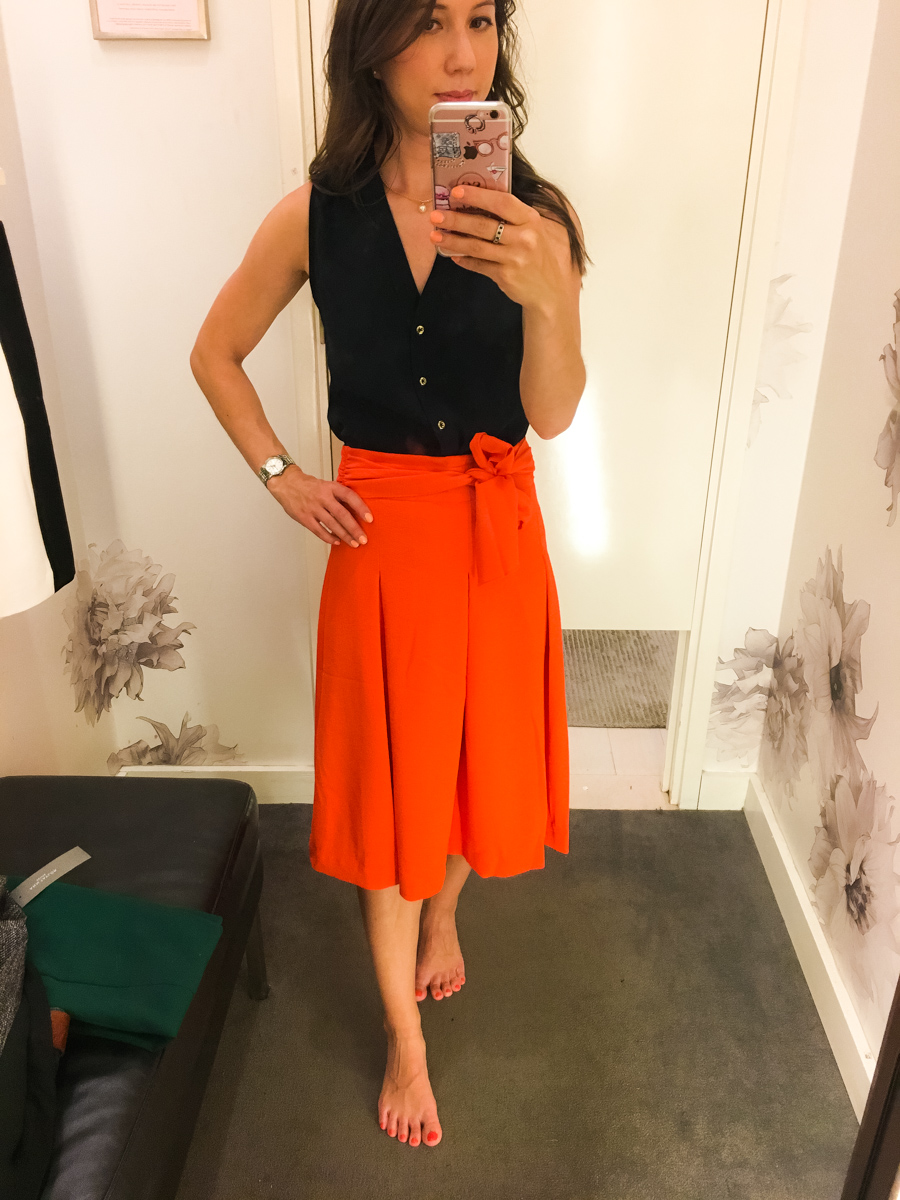 Ann Taylor & LOFT work outfits | Petite friendly fit reviews | Work outfit inspiration | Classic petite fashion and style blog | Devin slim fit ankle pants | Herringbone pants jacket | Orange belted full skirt | Striped poplin cascade top