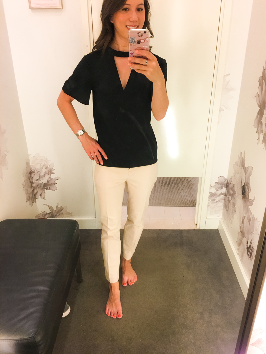 Ann Taylor & LOFT work outfits | Petite friendly fit reviews | Work outfit inspiration | Classic petite fashion and style blog | Devin slim fit ankle pants | Herringbone pants jacket | Orange belted full skirt | Striped poplin cascade top