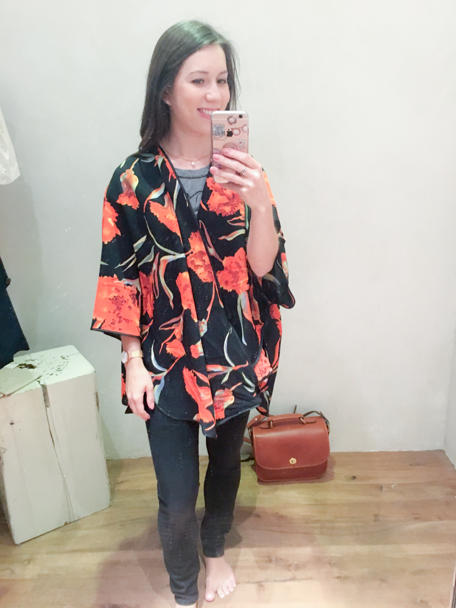 Anthropologie Fit Reviews | Petite fashion style blog | Nevaeh floral dress review | Salut tee | Printed boat neck tee | Red roses kimono | Velma ruffled top | Pearled denim trucker jacket | Savana lace top 