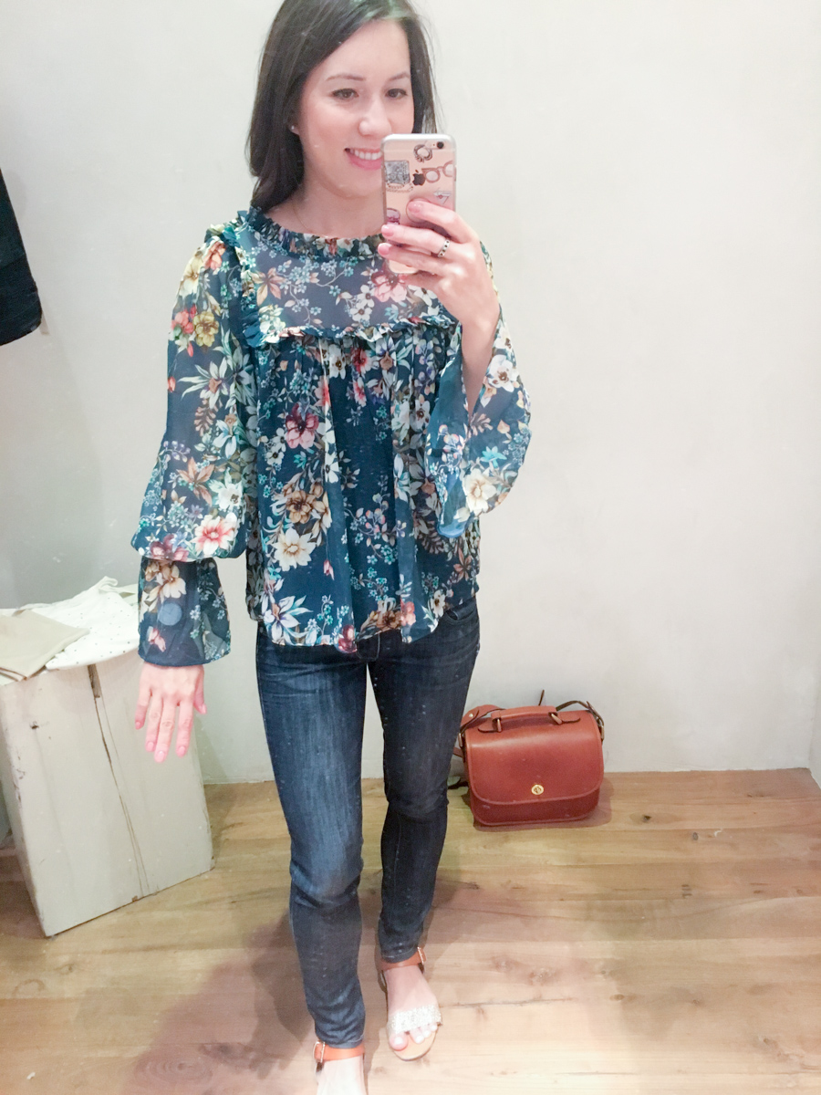 Anthropologie Fit Reviews | Petite fashion style blog | Nevaeh floral dress review | Salut tee | Printed boat neck tee | Red roses kimono | Velma ruffled top | Pearled denim trucker jacket | Savana lace top 