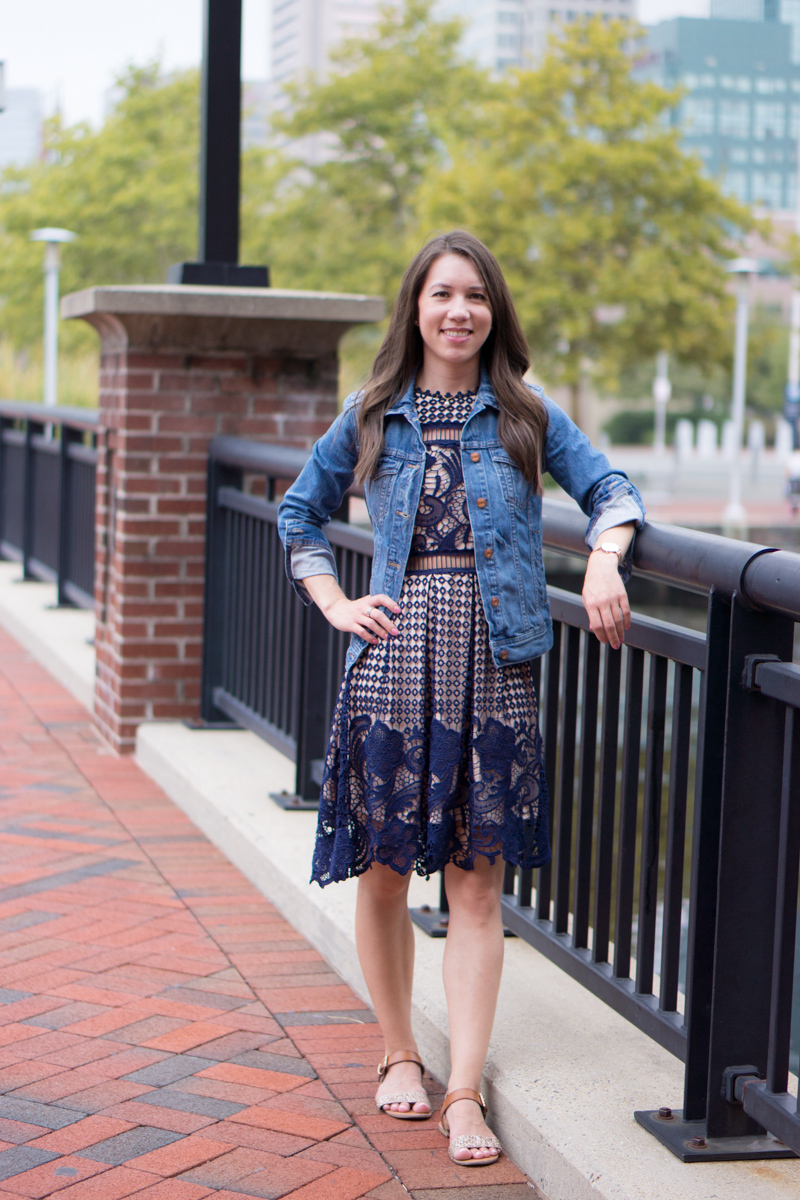 How to wear summer dresses in fall | Summer to fall transition | J. Crew Denim jacket, leather jacket, suede jacket, cardigan, sandals, ballet flats, tory burch belt, Talbots reversible belt, Bloomingdale's Aqua navy lace dress, petite fashion style blog reviews