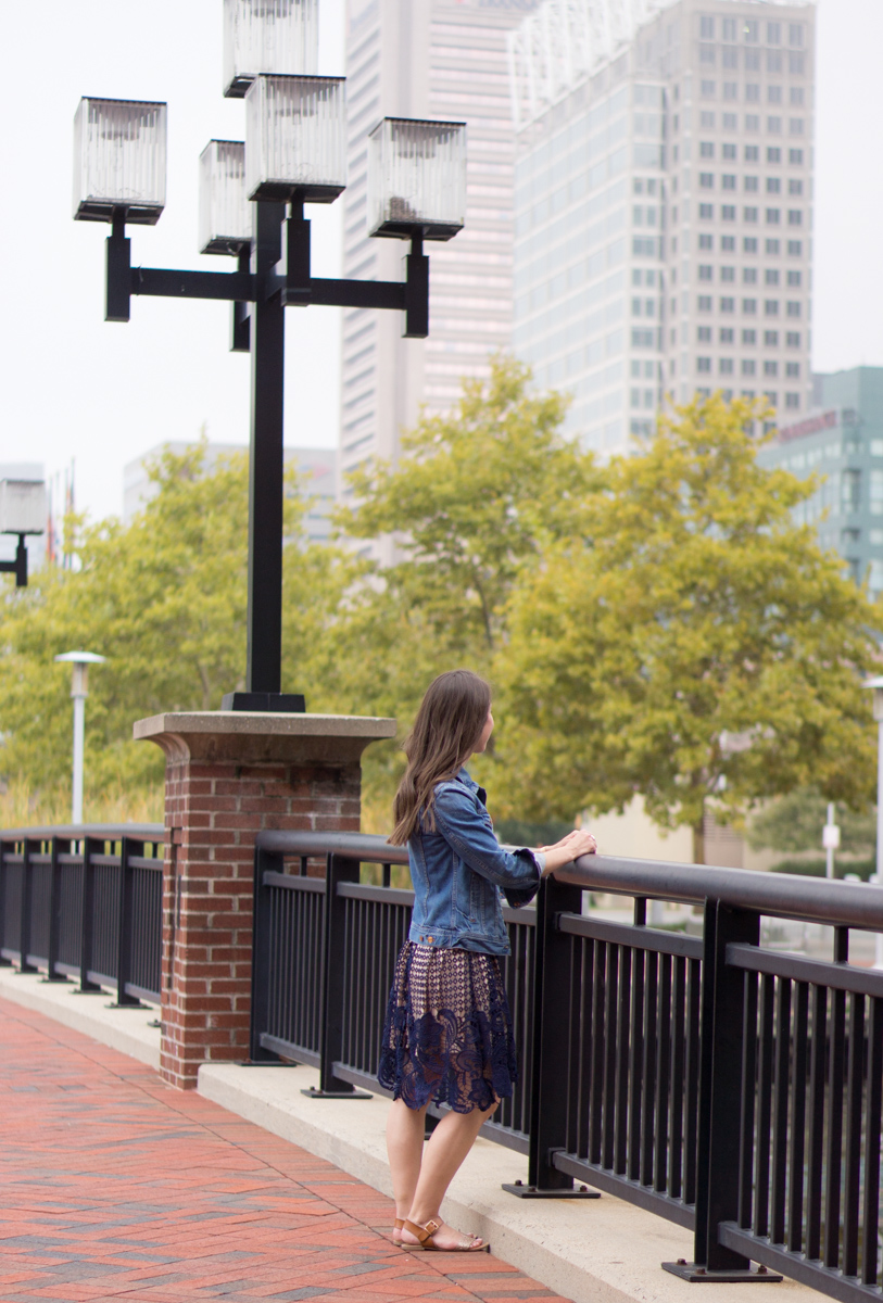 How to wear summer dresses in fall | Summer to fall transition | J. Crew Denim jacket, leather jacket, suede jacket, cardigan, sandals, ballet flats, tory burch belt, Talbots reversible belt, Bloomingdale's Aqua navy lace dress, petite fashion style blog reviews