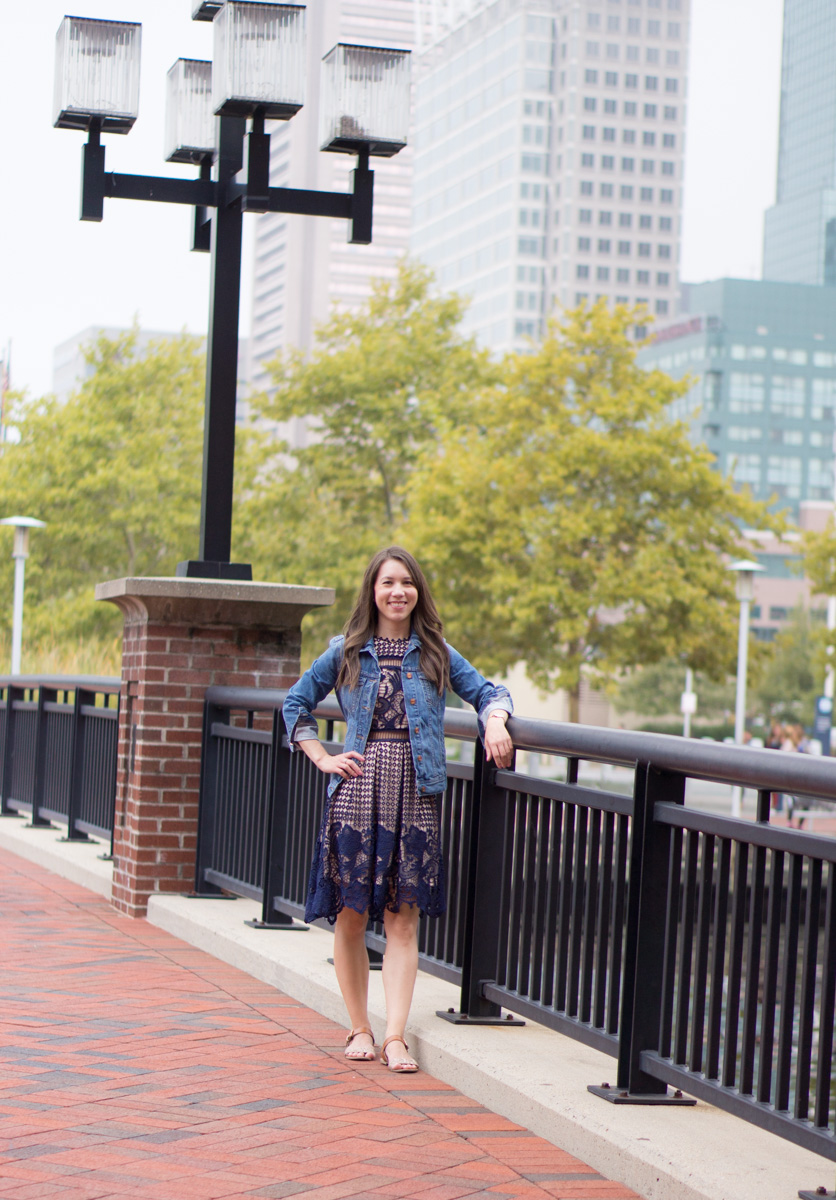 How to wear summer dresses in fall | Summer to fall transition | J. Crew Denim jacket, leather jacket, suede jacket, cardigan, sandals, ballet flats, tory burch belt, Talbots reversible belt, Bloomingdale's Aqua navy lace dress, petite fashion style blog reviews