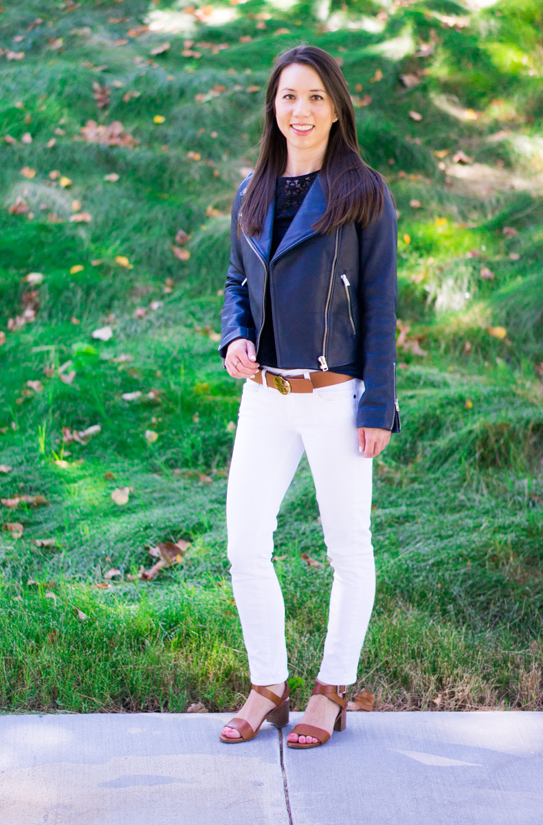 J. Crew Leather Jacket Review | petite style blog | petite fashion blog | Tory Burch reversible belt | Paige jeans white denim | M. Gemi Attorno sandals review | Best woman's leather jacket outerwear