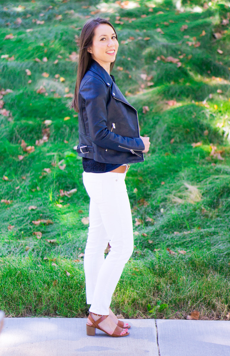 J. Crew Leather Jacket Review | petite style blog | petite fashion blog | Tory Burch reversible belt | Paige jeans white denim | M. Gemi Attorno sandals review | Best woman's leather jacket outerwear