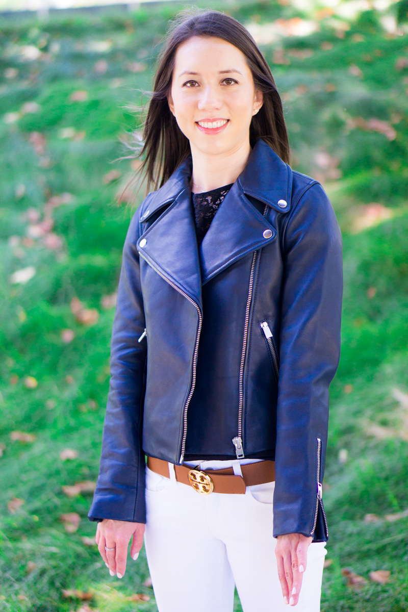 J. Crew Leather Jacket Review | petite style blog | petite fashion blog | Tory Burch reversible belt | Paige jeans white denim | M. Gemi Attorno sandals review | Best woman's leather jacket outerwear