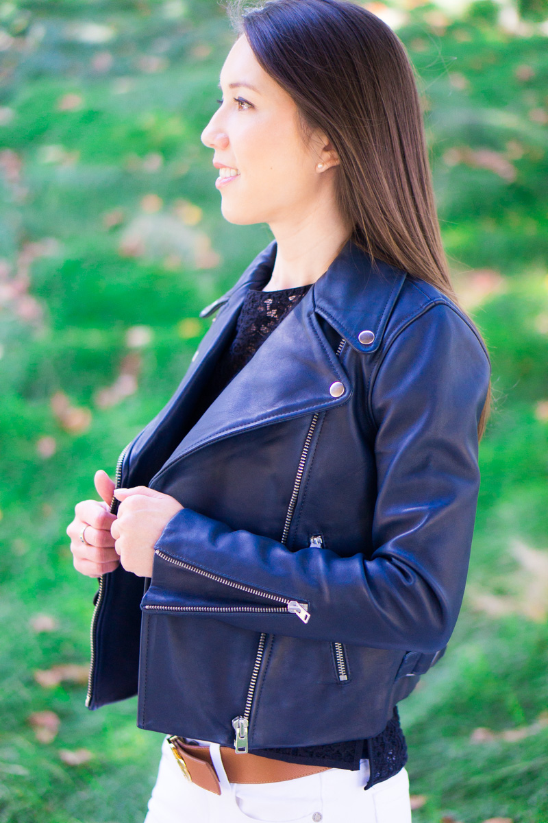 J. Crew Leather Jacket Review | petite style blog | petite fashion blog | Tory Burch reversible belt | Paige jeans white denim | M. Gemi Attorno sandals review | Best woman's leather jacket outerwear