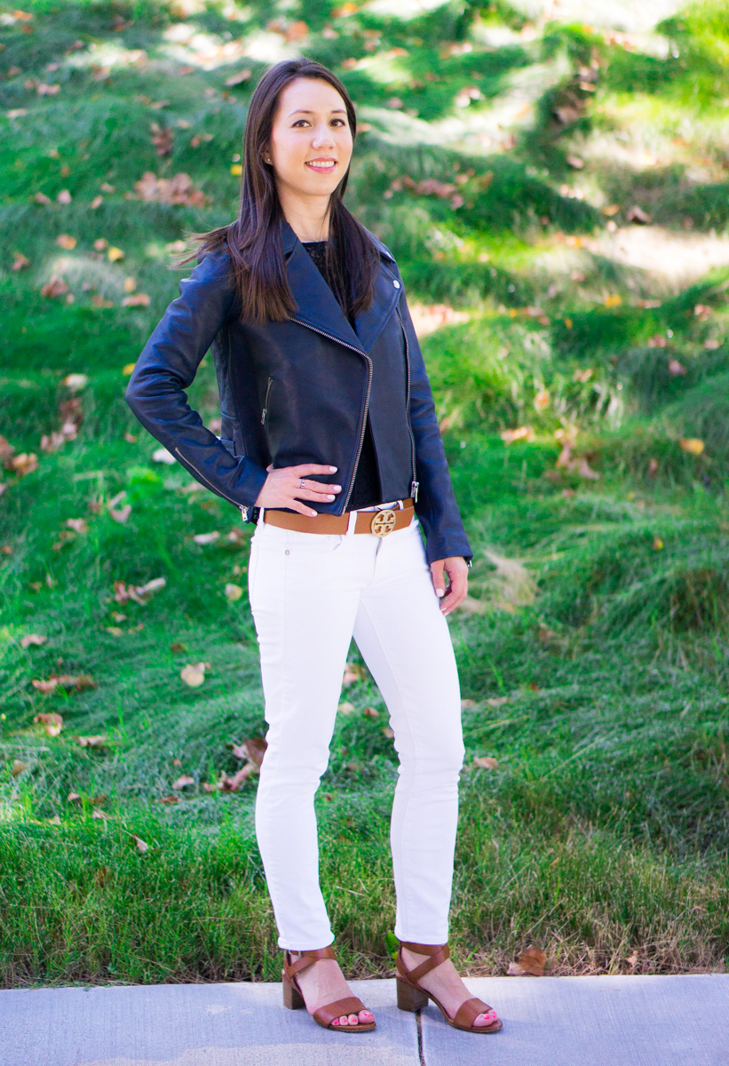 J. Crew Leather Jacket Review | petite style blog | petite fashion blog | Tory Burch reversible belt | Paige jeans white denim | M. Gemi Attorno sandals review | Best woman's leather jacket outerwear