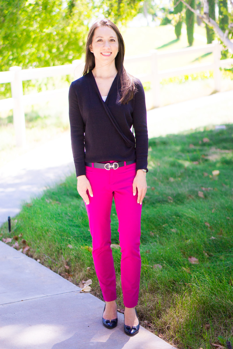 How to transition summer pants to fall | how to wear summer pants in fall, pink pants, Banana Republic Sloan pants, J. Crew denim jacket, NIC+ZOE 4-way cardigan cardy, Ted Baker cardigan, Talbots reversible belt 