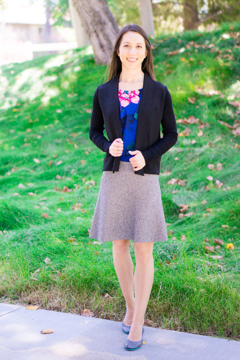 How to Style Summer Florals in Fall, Banana Republic floral ruffle top, floral prints in fall, transition to fall, petite fashion style blog, sloan pants, talbots reversible belt, NIC+ZOE 4-way cardigan, Theory tweed flare skirt, Ted Baker black cardigan