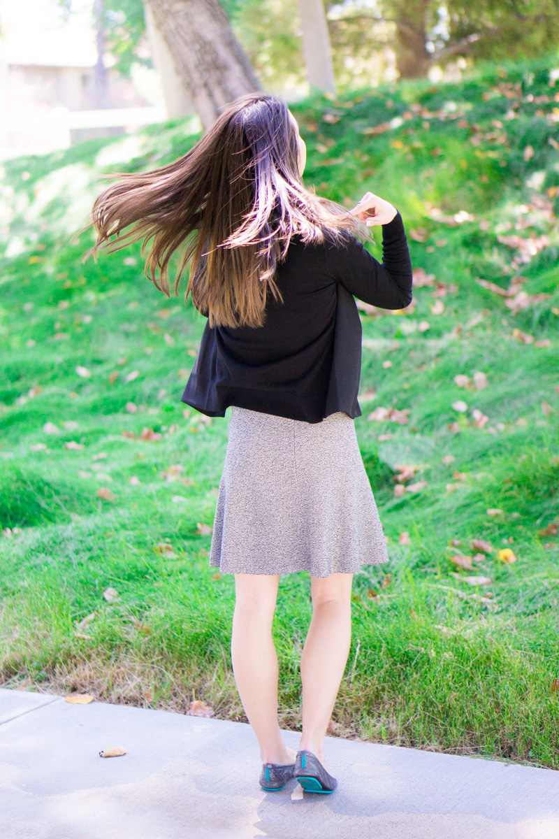 How to Style Summer Florals in Fall, Banana Republic floral ruffle top, floral prints in fall, transition to fall, petite fashion style blog, sloan pants, talbots reversible belt, NIC+ZOE 4-way cardigan, Theory tweed flare skirt, Ted Baker black cardigan