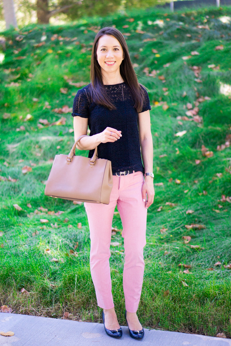 How to transition summer pants to fall | how to wear summer pants in fall, pink pants, Banana Republic Sloan pants, J. Crew denim jacket, NIC+ZOE 4-way cardigan cardy, Ann Taylor lace top, Talbots reversible belt 
