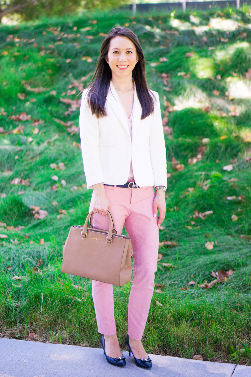 How to transition summer pants to fall | how to wear summer pants in fall, pink pants, Banana Republic Sloan pants, J. Crew denim jacket, Ann Taylor white blazer, Ann Taylor lace top, Talbots reversible belt 