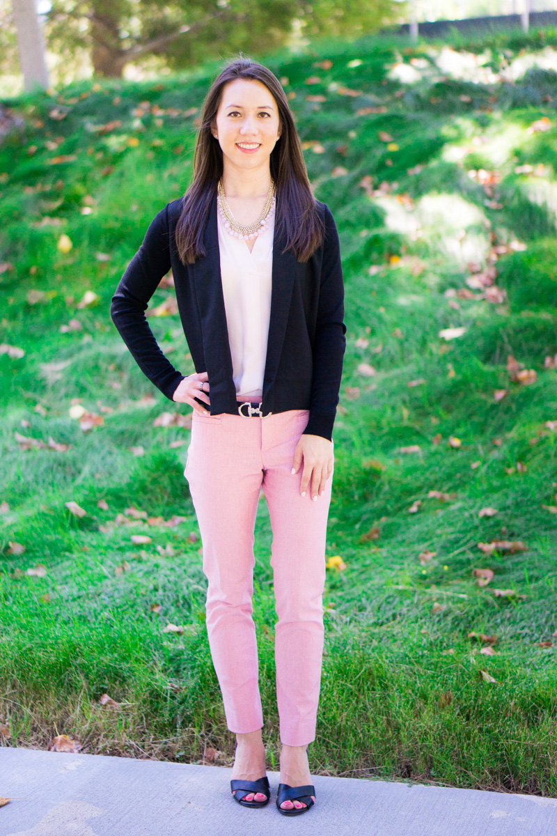 How to transition summer pants to fall | how to wear summer pants in fall, pink pants, Banana Republic Sloan pants, J. Crew denim jacket, NIC+ZOE 4-way cardigan cardy, Ted Baker cardigan, Talbots reversible belt