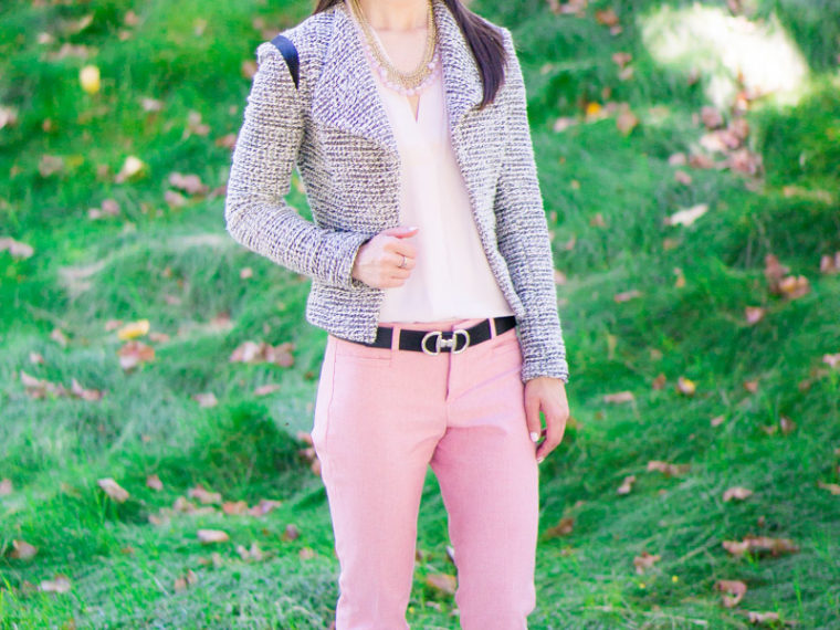 How to transition summer pants to fall | how to wear summer pants in fall, pink pants, Banana Republic Sloan pants, J. Crew denim jacket, NIC+ZOE 4-way cardigan cardy, Ted Baker cardigan, Talbots reversible belt