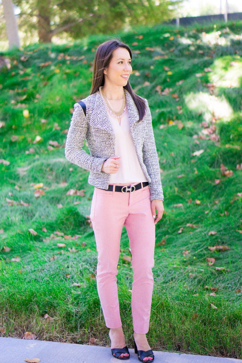 How to transition summer pants to fall | how to wear summer pants in fall, pink pants, Banana Republic Sloan pants, J. Crew denim jacket, NIC+ZOE 4-way cardigan cardy, Ted Baker cardigan, Talbots reversible belt