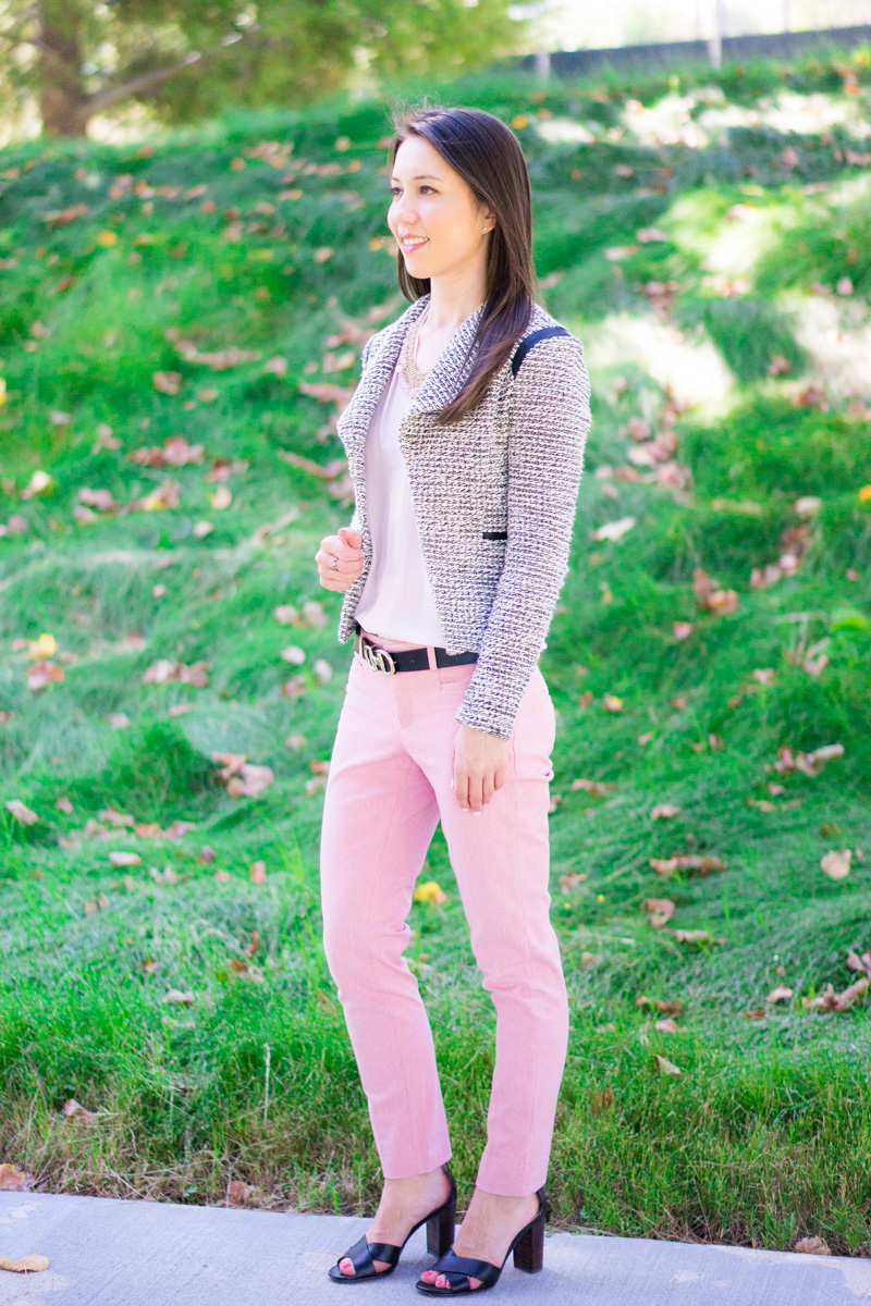 How to transition summer pants to fall | how to wear summer pants in fall, pink pants, Banana Republic Sloan pants, J. Crew denim jacket, NIC+ZOE 4-way cardigan cardy, Ted Baker cardigan, Talbots reversible belt