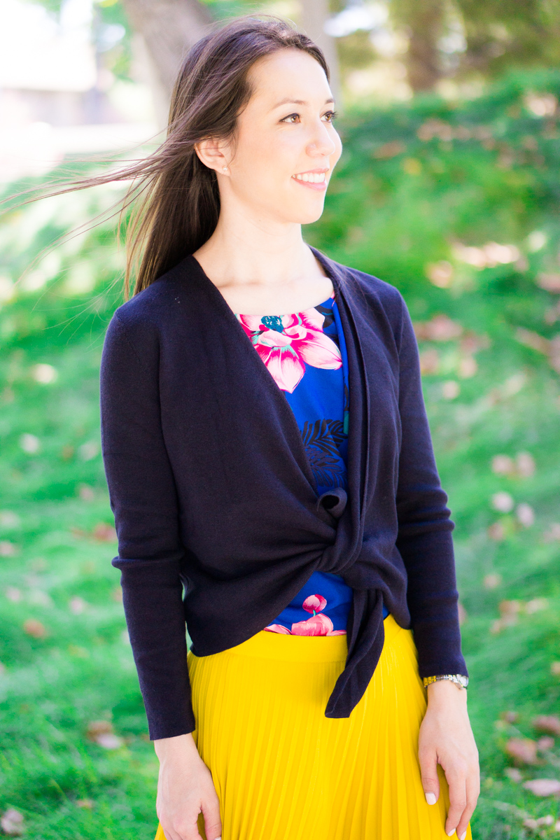 How to Style Summer Florals in Fall, Banana Republic floral ruffle top, floral prints in fall, transition to fall, petite fashion style blog, sloan pants, talbots reversible belt, NIC+ZOE 4-way cardigan, LOFT yellow pleated skirt, paige denim