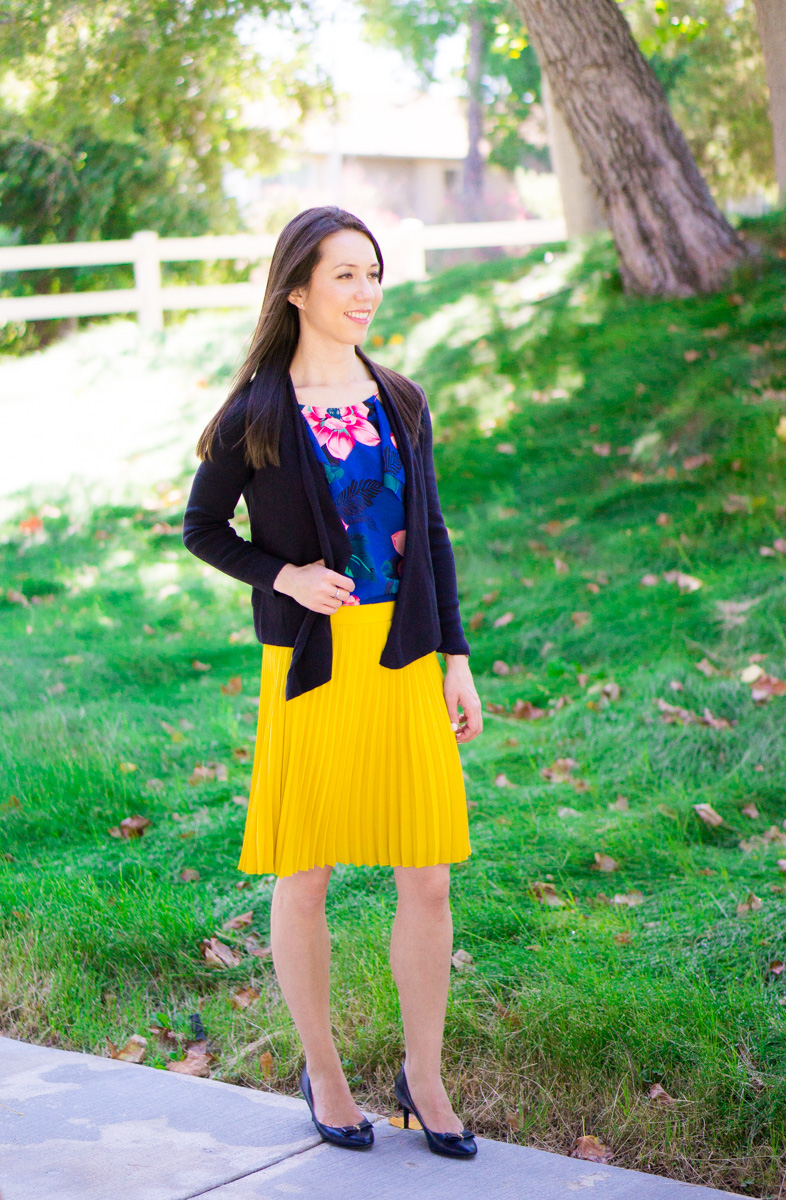 How to Style Summer Florals in Fall, Banana Republic floral ruffle top, floral prints in fall, transition to fall, petite fashion style blog, sloan pants, talbots reversible belt, NIC+ZOE 4-way cardigan, LOFT yellow pleated skirt, paige denim