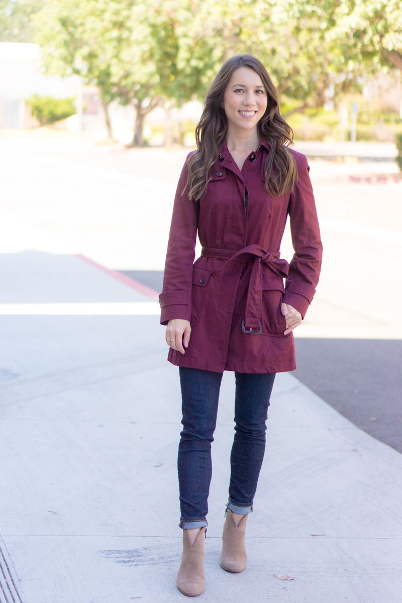 5 Must Have Fall Jackets & Coats | Fall outfit inspiration | Burberry Whitmore Olive Green Military Jacket | Burberry Trench coat with liner and removeable hood | J. Crew Factory trench coat | Banana Republic burgundy trench coat | Petite fashion and style blog | Nordstrom cashmere linen scarf