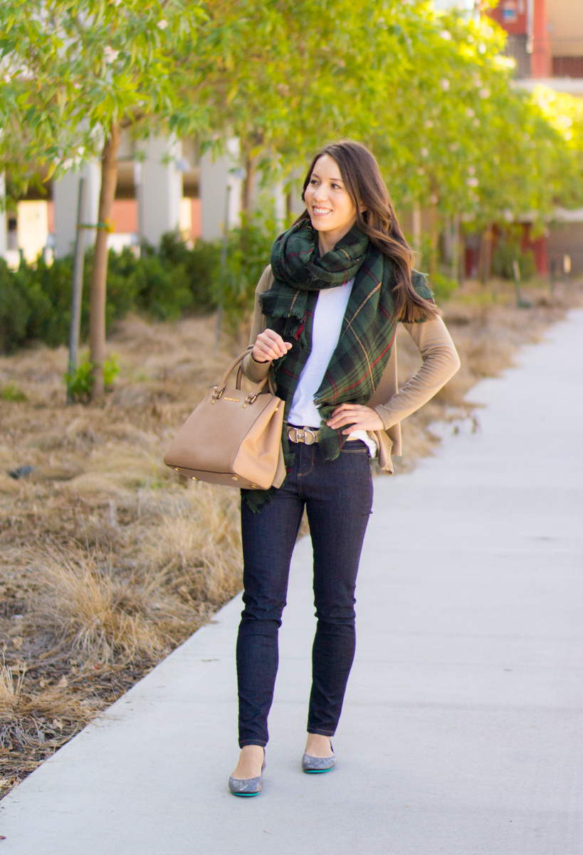 5 Easy Fall Outfit Ideas for Women | 5 go-to fall outfits | casual outfits | business casual outfits | Best petite fashion and style blog | FIGS scrubs underscrub tee longsleeve | Sole Society plaid scarf | Vince Camuto ankle booties | Flare Skirt | Talbots reversible belt | Bobeau fleece cardigan