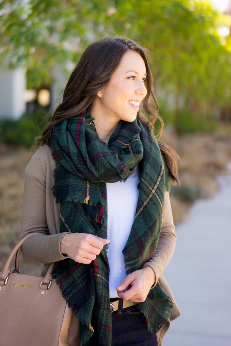 5 Easy Fall Outfit Ideas for Women | 5 go-to fall outfits | casual outfits | business casual outfits | Best petite fashion and style blog | FIGS scrubs underscrub tee longsleeve | Sole Society plaid scarf | Vince Camuto ankle booties | Flare Skirt | Talbots reversible belt | Bobeau fleece cardigan 