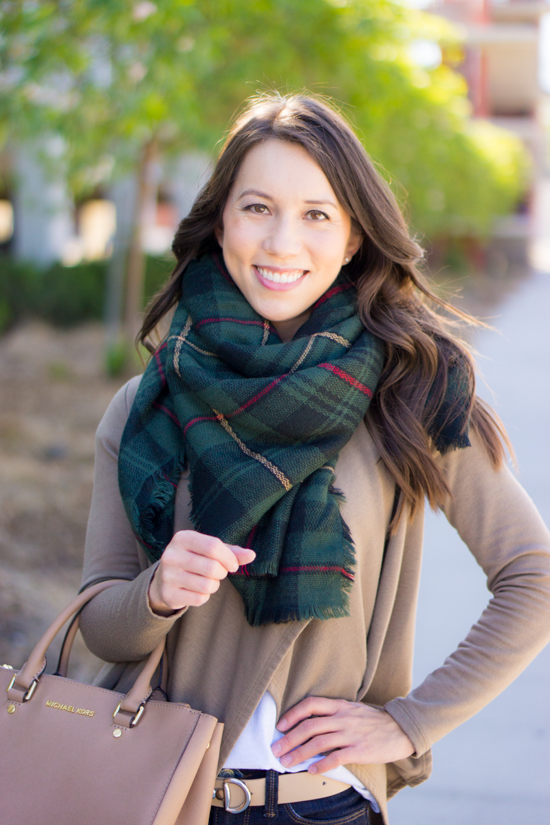 5 Easy Fall Outfit Ideas for Women | 5 go-to fall outfits | casual outfits | business casual outfits | Best petite fashion and style blog | FIGS scrubs underscrub tee longsleeve | Sole Society plaid scarf | Vince Camuto ankle booties | Flare Skirt | Talbots reversible belt | Bobeau fleece cardigan 