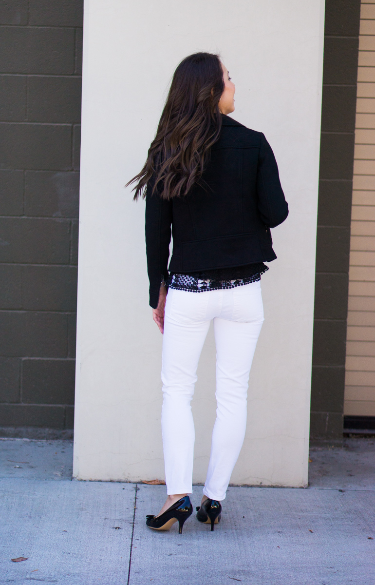 Best Leather Jacket Alternative | Black Twill Moto Jacket Review | Ann Taylor Review | Best Petite Bloggers | Petite Fashion & Style Blog | Black Leather Jacket Review | Bloomingdale's Aqua Lace Dot Top | Paige Denim White Jeans