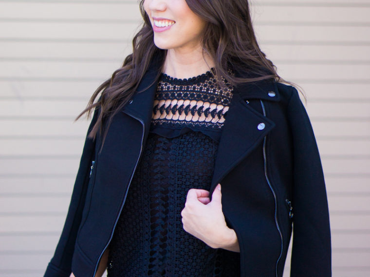 Best Leather Jacket Alternative | Black Twill Moto Jacket Review | Ann Taylor Review | Best Petite Bloggers | Petite Fashion & Style Blog | Black Leather Jacket Review | Bloomingdale's Aqua Lace Dot Top | Paige Denim White Jeans