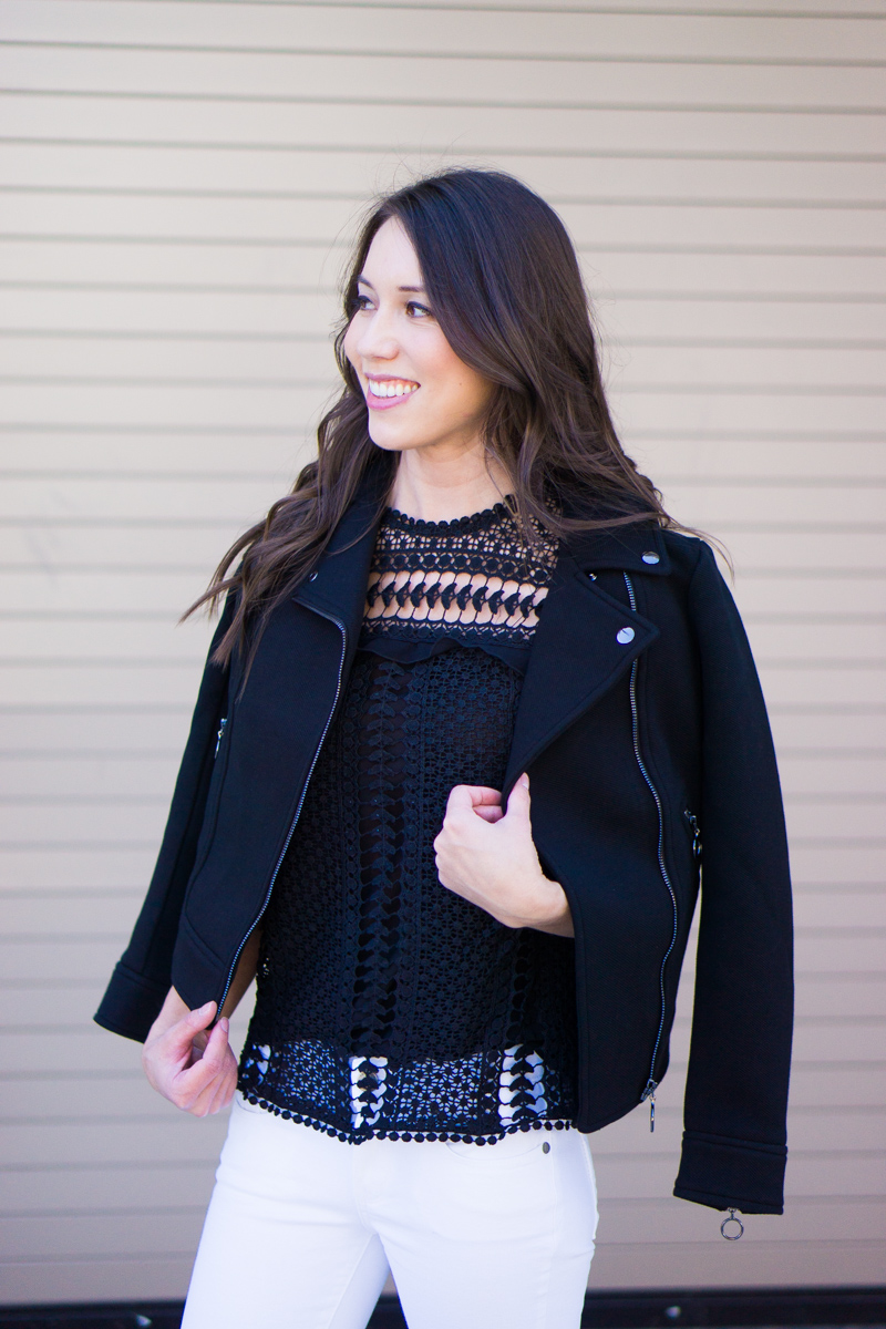 Best Leather Jacket Alternative | Black Twill Moto Jacket Review | Ann Taylor Review | Best Petite Bloggers | Petite Fashion & Style Blog | Black Leather Jacket Review | Bloomingdale's Aqua Lace Dot Top | Paige Denim White Jeans