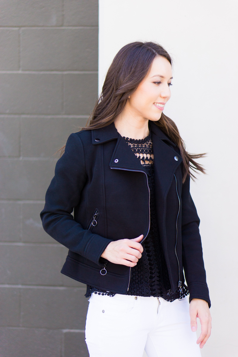 Best Leather Jacket Alternative | Black Twill Moto Jacket Review | Ann Taylor Review | Best Petite Bloggers | Petite Fashion & Style Blog | Black Leather Jacket Review | Bloomingdale's Aqua Lace Dot Top | Paige Denim White Jeans