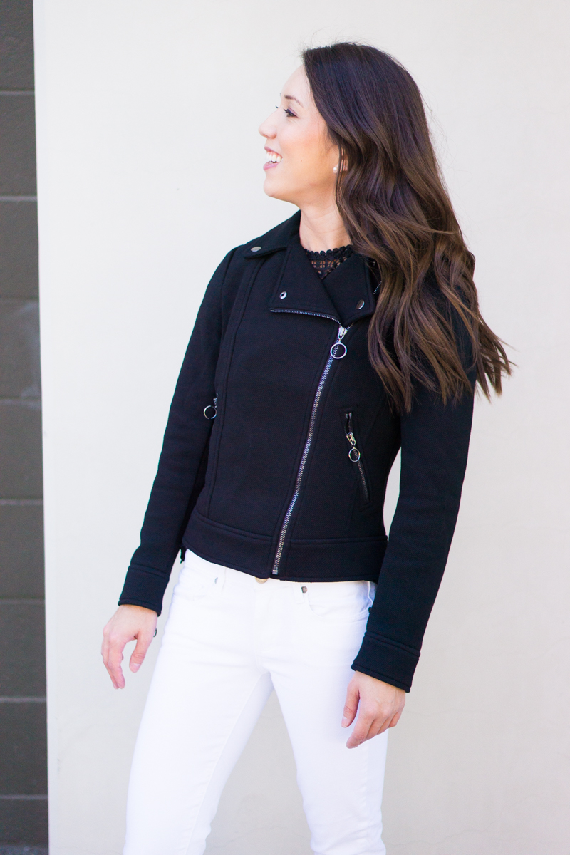 Best Leather Jacket Alternative | Black Twill Moto Jacket Review | Ann Taylor Review | Best Petite Bloggers | Petite Fashion & Style Blog | Black Leather Jacket Review | Bloomingdale's Aqua Lace Dot Top | Paige Denim White Jeans