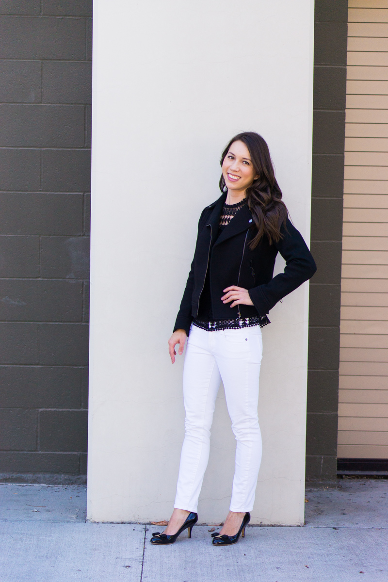 Best Leather Jacket Alternative | Black Twill Moto Jacket Review | Ann Taylor Review | Best Petite Bloggers | Petite Fashion & Style Blog | Black Leather Jacket Review | Bloomingdale's Aqua Lace Dot Top | Paige Denim White Jeans