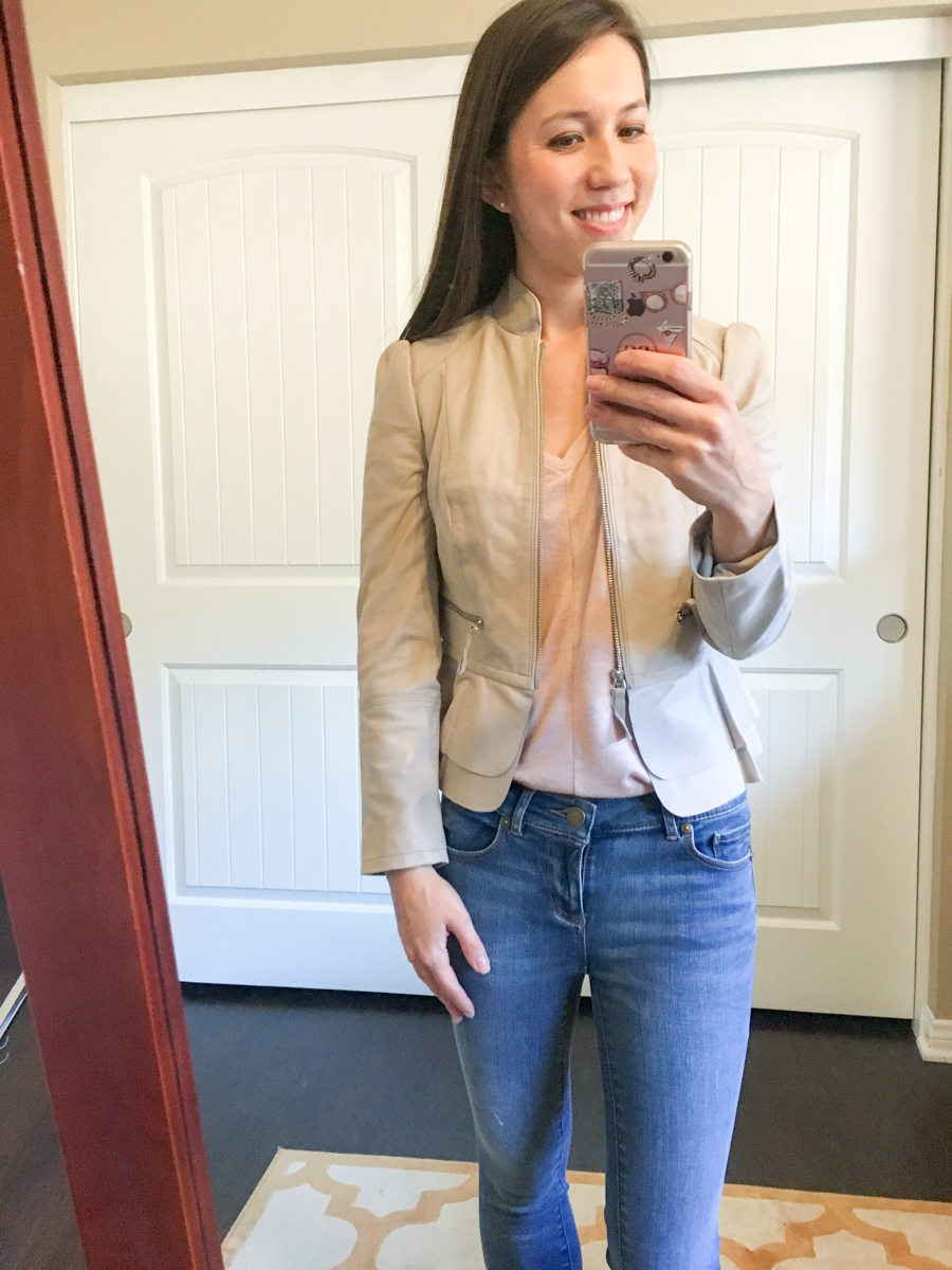 Fit Reviews & Weekend Sales | Ann Taylor, LOFT, WHBM, J. Crew | White House Black Market Leather Flounce Jacket | Ann Taylor LUXE collection leggings, sheath dress, J. Crew mock-neck lace top| Petite fashion and style blog