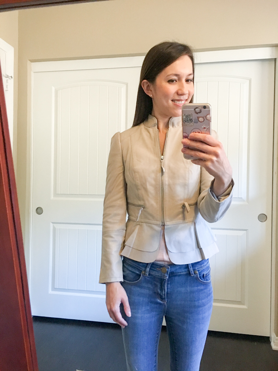 Fit Reviews & Weekend Sales | Ann Taylor, LOFT, WHBM, J. Crew | White House Black Market Leather Flounce Jacket | Ann Taylor LUXE collection leggings, sheath dress, J. Crew mock-neck lace top| Petite fashion and style blog