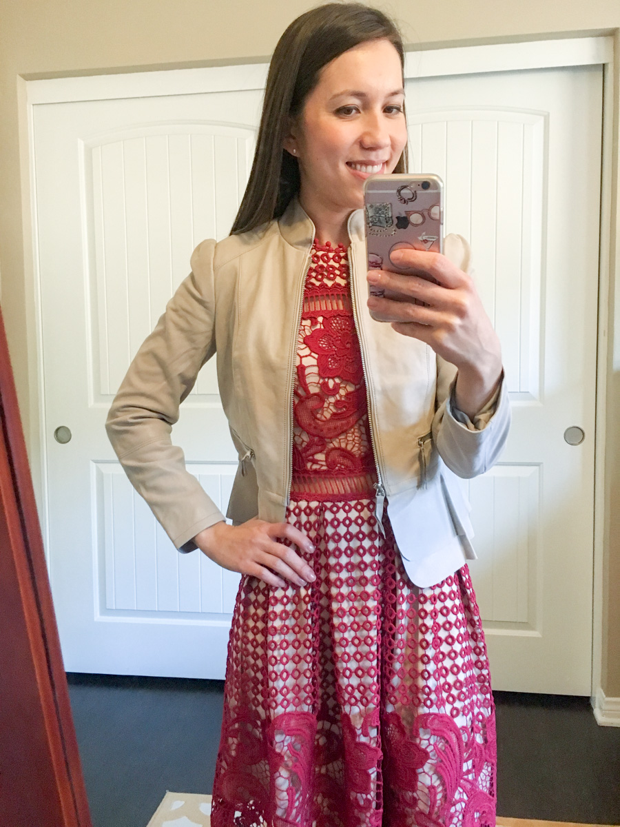 Fit Reviews & Weekend Sales | Ann Taylor, LOFT, WHBM, J. Crew | White House Black Market Leather Flounce Jacket | Ann Taylor LUXE collection leggings, sheath dress, J. Crew mock-neck lace top| Petite fashion and style blog