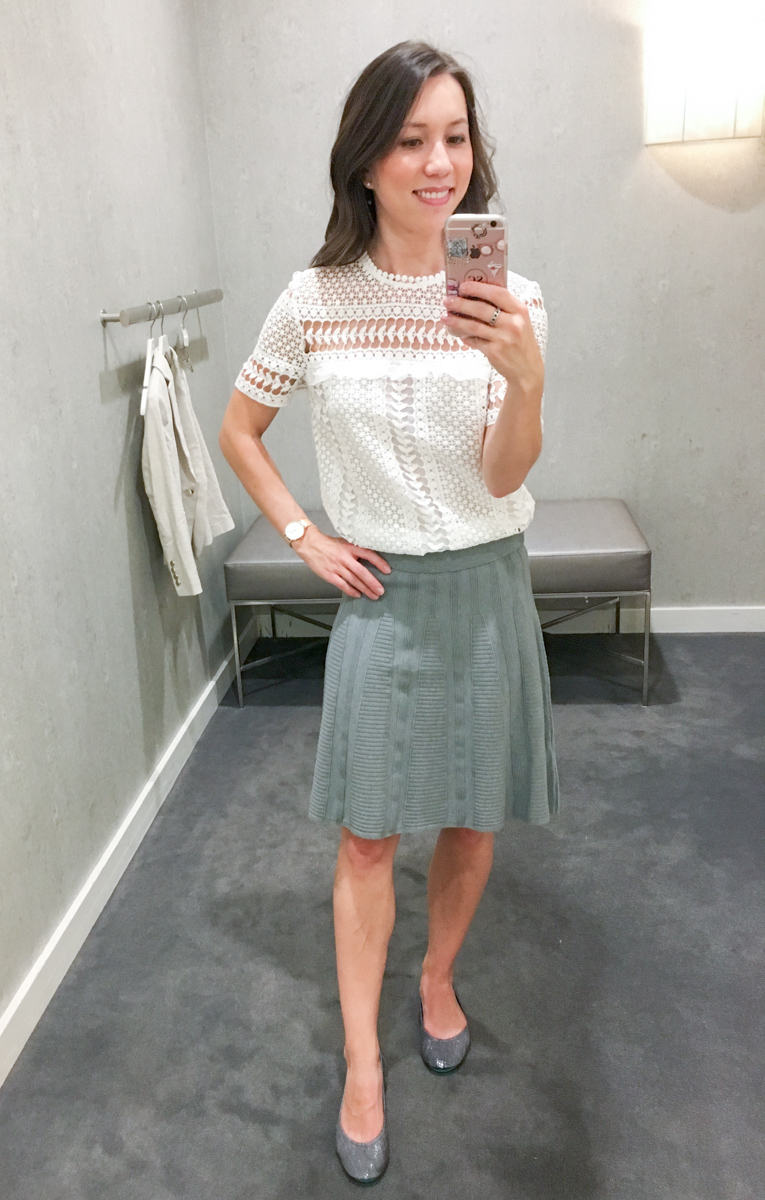 Fit Reviews & Weekend Sales | Ann Taylor, LOFT, WHBM, J. Crew | White House Black Market Leather Flounce Jacket | Ann Taylor LUXE collection leggings, sheath dress, J. Crew mock-neck lace top| Petite fashion and style blog